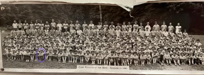 Camp Ridgecrest campers and staff, with a purple circle around me, around age nine at the time.